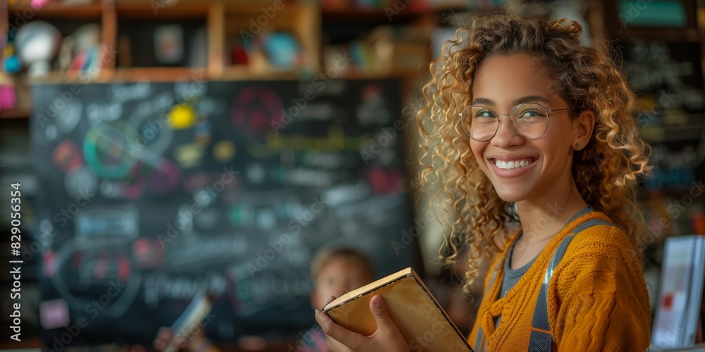 Female teacher guiding students with enthusiasm in a well-lit classroom, generative ai Female teacher guiding students with enthusiasm in a well-lit classroom, generative ai