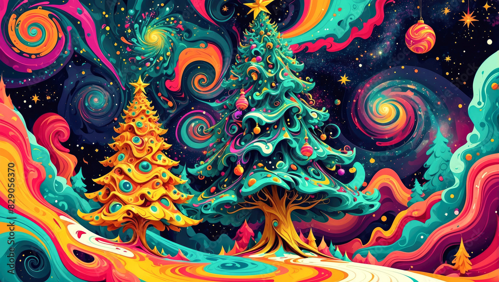 Fototapeta illustration with Christmas trees adorned with decorations in an imaginary landscape with a Christmas atmosphere