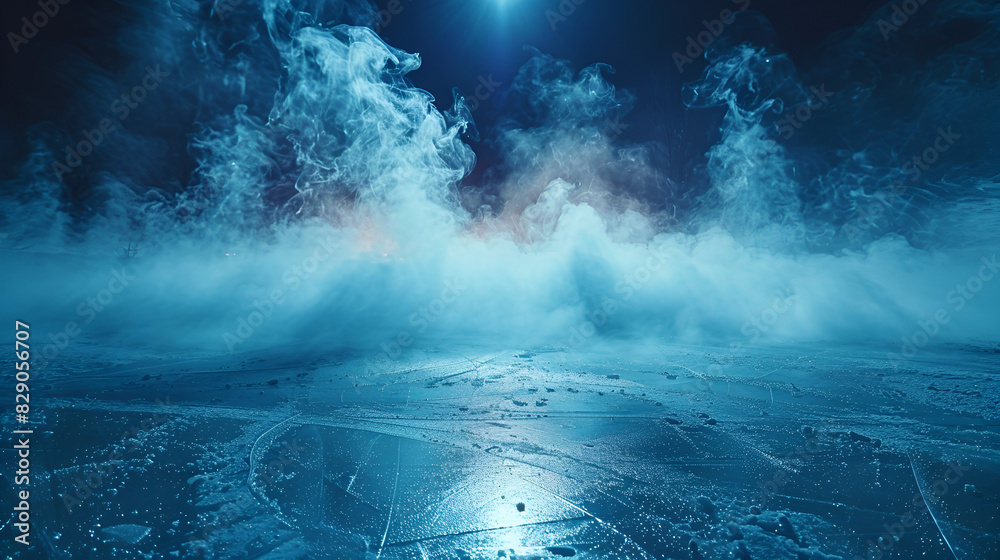 Abstract frozen hockey ice rink with smoke,
Dark street wet asphalt reflections of rays in the water Abstract dark blue background smoke