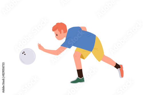 Cheerful boy child cartoon character playing bowling throwing ball to hit strike isolated on white