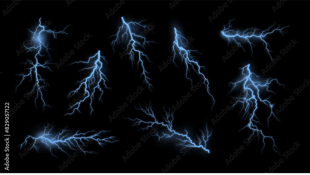 Lightning effect. Electric blue thunder rays, electric strike. Vector set