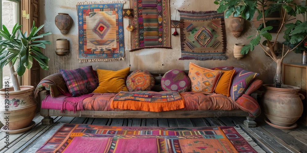 Handwoven Rug and Embroidered Cushions in Bohemian Decor, generative ai Handwoven Rug and Embroidered Cushions in Bohemian Decor, generative ai