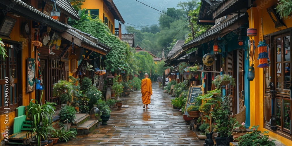 Obraz premium Saffron Robed Monk in Serene Alley, generative ai
