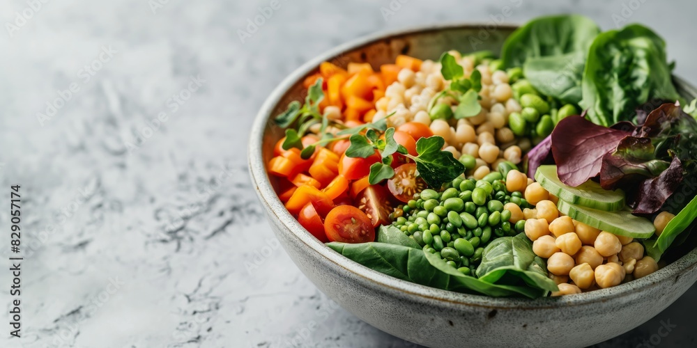 A nutritious and vibrant bowl of vegan salad with fresh vegetables and legumes on a light surface A nutritious and vibrant bowl of vegan salad with fresh vegetables and legumes on a light surface