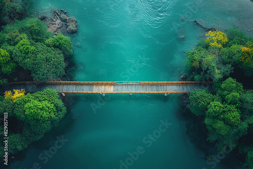 Top-down view of a modern bridge spanning across a wide river. Concept of engineering and transportation. Generative Ai.