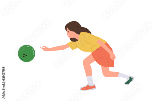Cute preteen girl child isolated cartoon character playing bowling throwing ball enjoying fun game