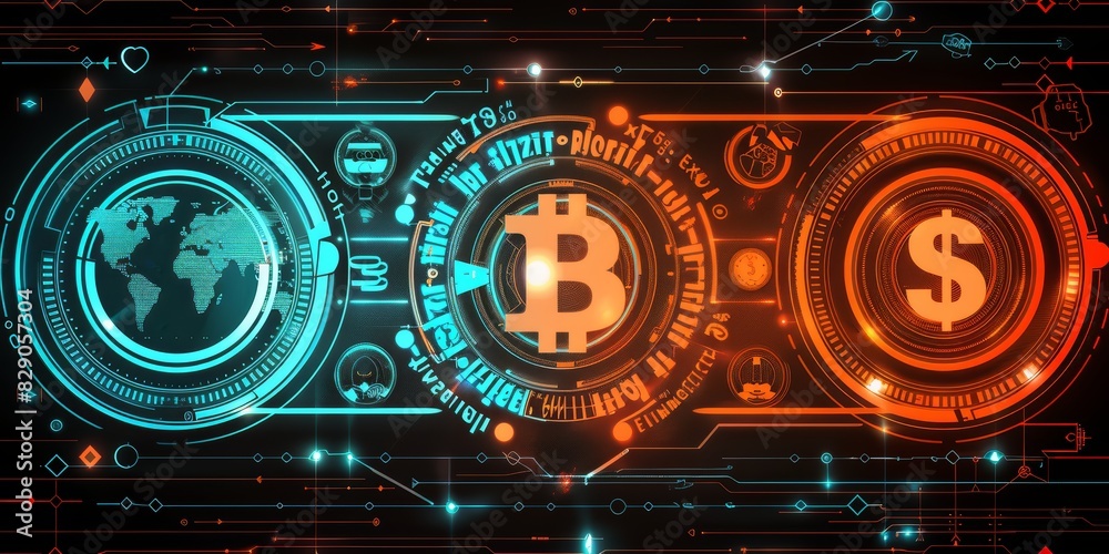 display of Bitcoin and other currency symbols, emphasizing the digital and technological advancements in the cryptocurrency and financial technology markets, Generative AI