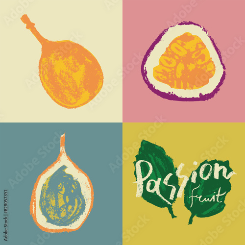 Passion fruit vector signs in hand drawn style with rough charcoal texture. Color granadilla symbol for cosmetics, yogurt, fruits puree label. Hand lettering passion fruit. Icon set of passion fruit.