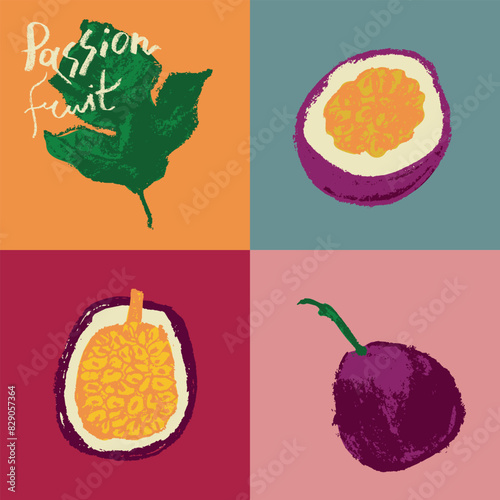 Passion fruit vector signs in hand drawn style with rough charcoal texture. Color granadilla symbol for cosmetics, yogurt, fruits puree label. Hand lettering passion fruit. Icon set of passion fruit.