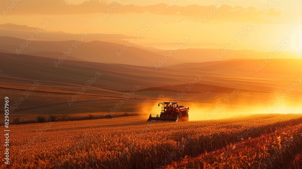 Fototapeta premium Dramatic shadows and golden hues of harvest time with machinery at work in vast farmland