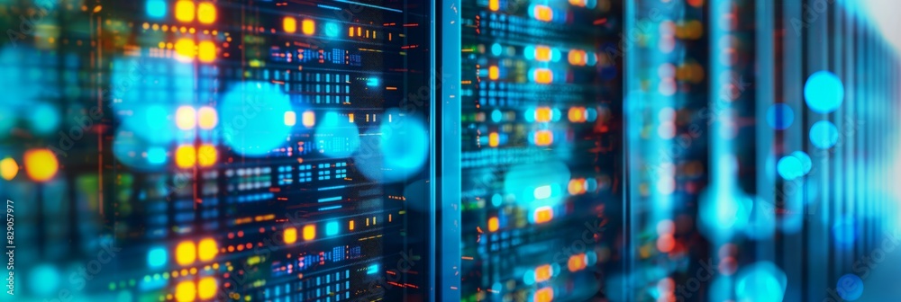 A close-up of a server room with rack servers featuring blue and red glowing lights