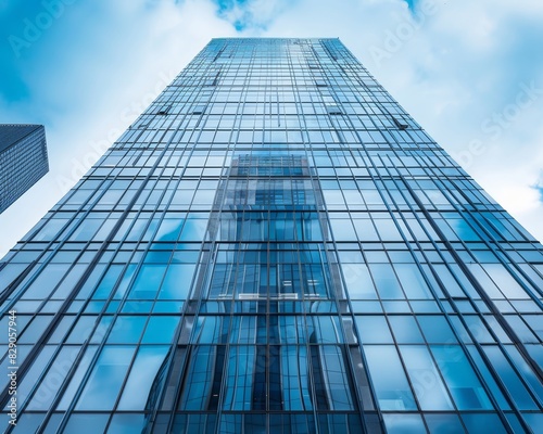 Symmetrical modern tall building with glass facade standing proudly on city corner in skyline view