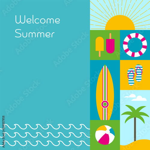 Welcome Summer - Schriftzug in englischer Sprache - Willkommen Sommer. Sommerliche Karte mit Sonne, Palme, Strand, Meer, Surfbrett und Flip-Flops.