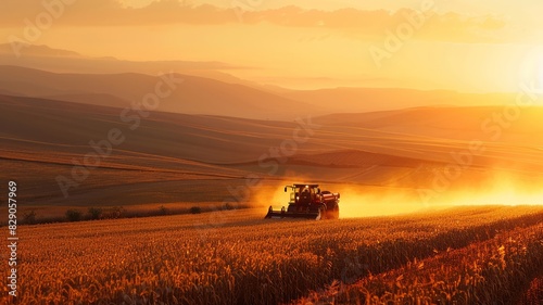 Dramatic shadows and golden hues of harvest time with machinery at work in vast farmland