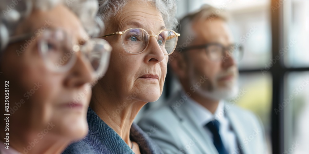 Three senior adults with contemplative expressions sitting in a well-lit room Three senior adults with contemplative expressions sitting in a well-lit room