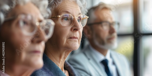 Three senior adults with contemplative expressions sitting in a well-lit room