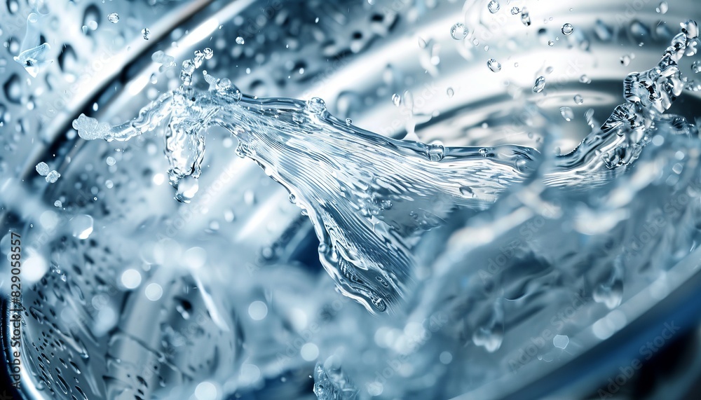 Close-up of water splashes in washing machine drum on white background for laundry concept Close-up of water splashes in washing machine drum on white background for laundry concept