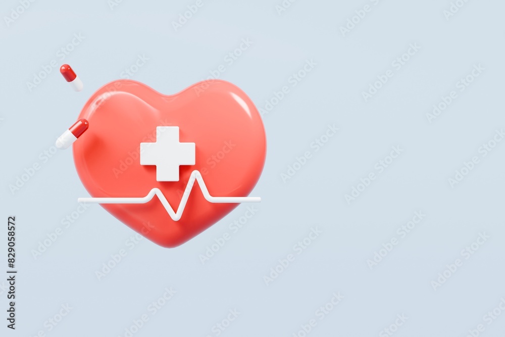 Obraz premium 3d Red heart and heartbeat wave icon isolated on blue background. Emergency, Safety, Hospital doctor equipment medic health care concept. 3d minimal heartbeat pulse sensor icon design. 3d render.
