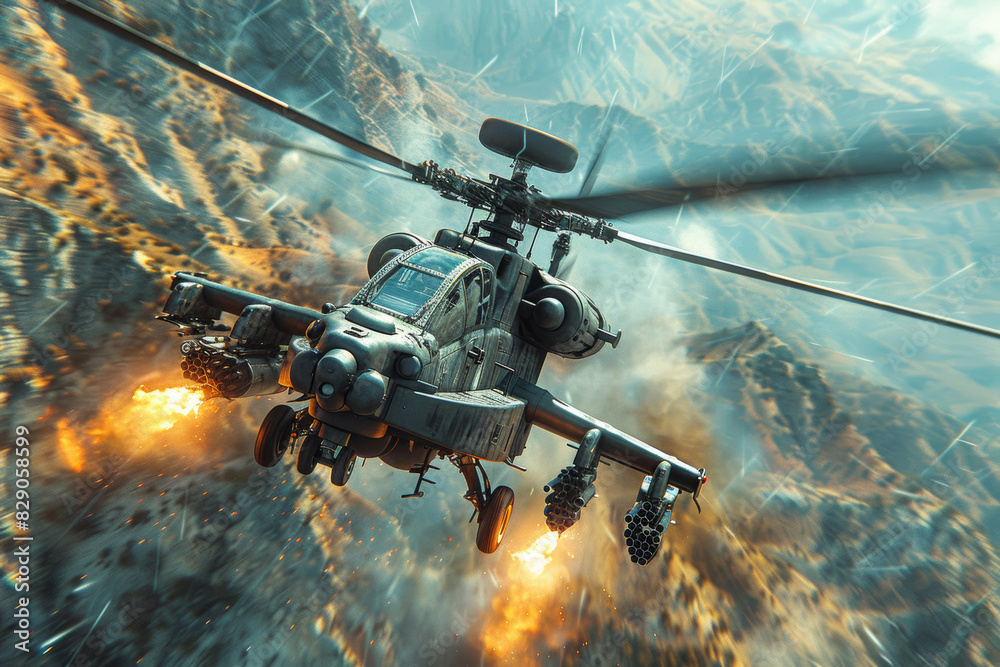 Rapid-response attack helicopter swooping low over rugged terrain, its rotary blades slicing through the air. Concept of aerial combat and close air support. Generative Ai. Rapid-response attack helicopter swooping low over rugged terrain, its rotary blades slicing through the air. Concept of aerial combat and close air support. Generative Ai.