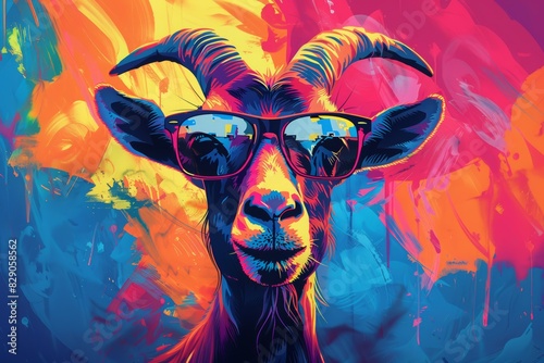 Abstract colorful illustration of goat with sunglasses. AI generative art