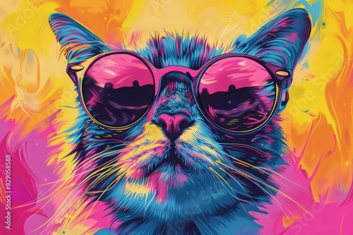 Abstract colorful illustration of cat with sunglasses. AI generative art