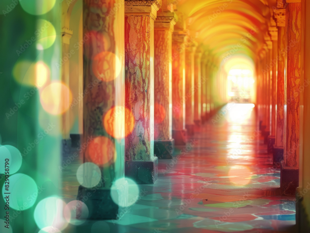 Colorful Arched Hallway with Bokeh Lighting and Marble Columns Colorful Arched Hallway with Bokeh Lighting and Marble Columns