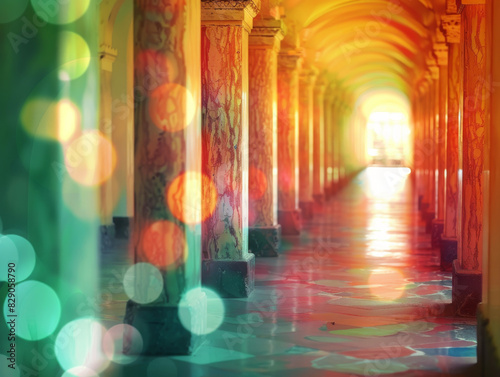 Colorful Arched Hallway with Bokeh Lighting and Marble Columns