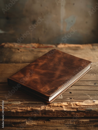 Leather journal on a rustic wooden table