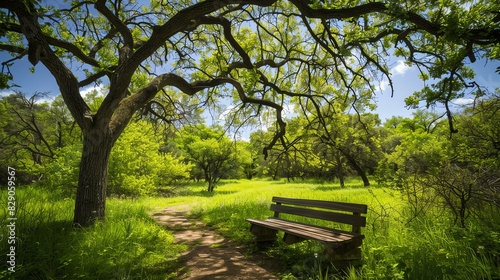 The wooden bench is placed in a beautiful park. The lush green trees and grass create a peaceful and relaxing atmosphere. © Design