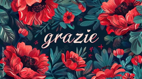 A vibrant image featuring red flowers with the word 