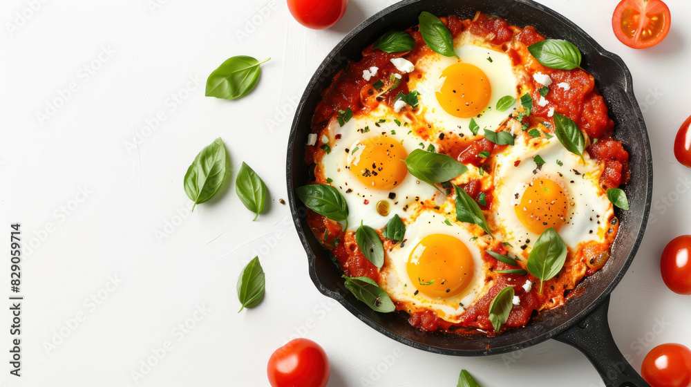 delicious shakshuka with tomatoes and basil in a frying pan delicious shakshuka with tomatoes and basil in a frying pan