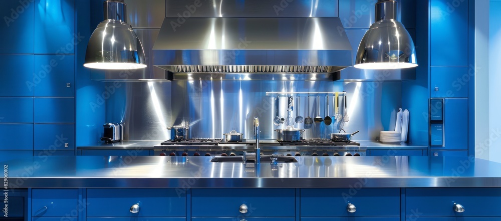 Fototapeta premium Modern blue kitchen featuring sky blue cabinetry, stainless steel backsplash, and pendant lighting
