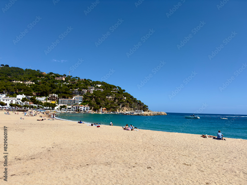 beautiful bay with beach and marina with yachts in the village Llafranc, Camí de Ronda, Costa Brava, Girona, Catalonia, Spain
