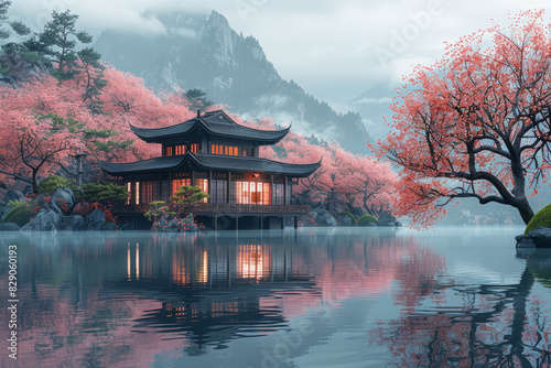 A Japanese teahouse nestled among cherry blossom trees  offering a serene retreat for traditional tea ceremonies. Concept of harmony and Zen. Generative Ai.