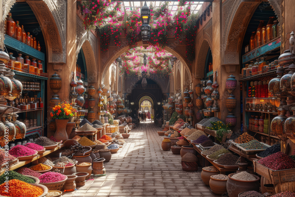 Obraz premium A vibrant Moroccan bazaar bustling with activity, offering an array of exotic teas infused with mint, spices, and floral essences. Generative Ai.