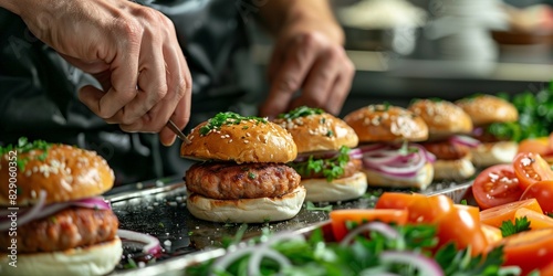 Gourmet sliders being skillfully made by a chef in natural light, generative ai