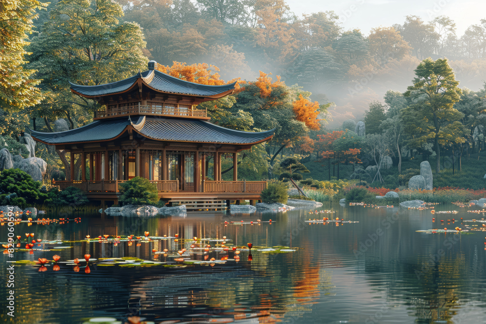 Obraz premium A tranquil garden pavilion overlooking a serene pond, where guests sip delicate jasmine tea and savor moments of tranquility. Concept of relaxation and natural beauty. Generative Ai.