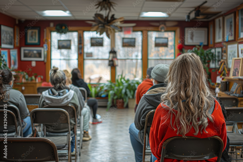 A support group session in a community center, where individuals come together to share their experiences and offer encouragement. Concept of mutual aid and empowerment. Generative Ai. A support group session in a community center, where individuals come together to share their experiences and offer encouragement. Concept of mutual aid and empowerment. Generative Ai.