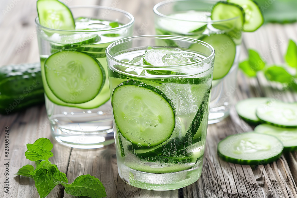 Cucumber infused detox water with mint in a glass with ice. Cucumber lemonade. Cucumber infused detox water with mint in a glass with ice. Cucumber lemonade.