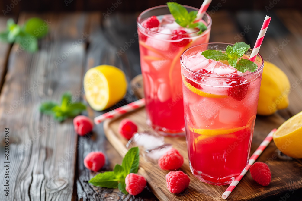 Raspberry lemonade with ice in a glass. Raspberry mocktail. Raspberry lemonade with ice in a glass. Raspberry mocktail.