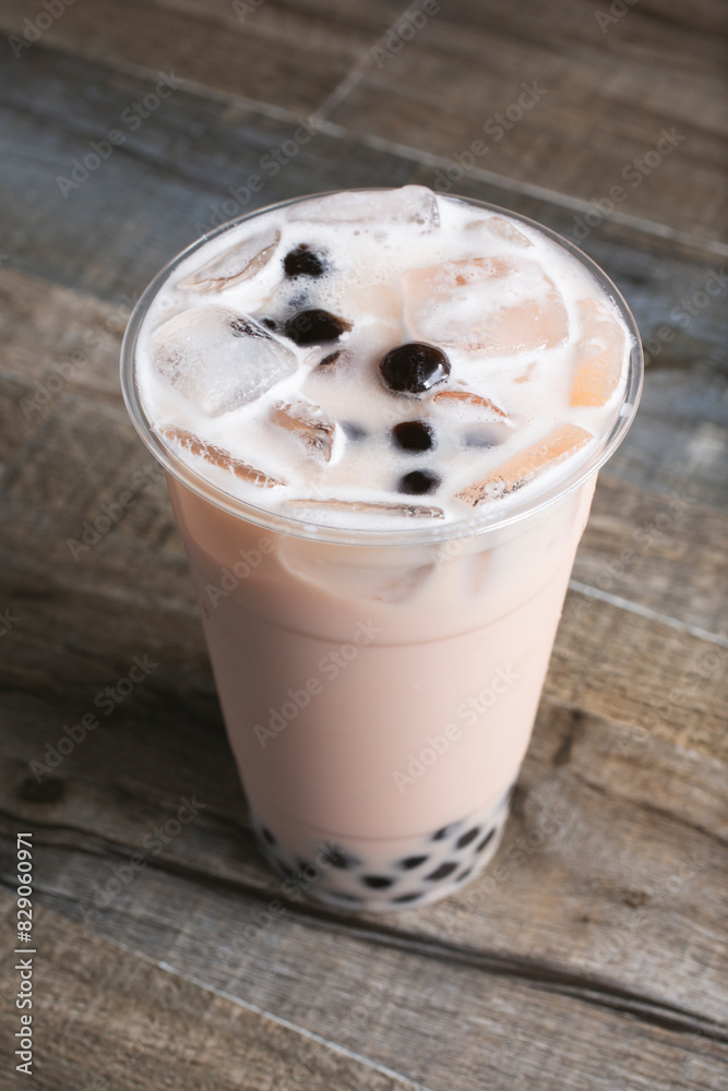 A view of a rose milk tea drink. A view of a rose milk tea drink.