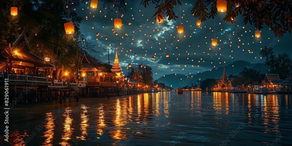 Candlelit Temples and River Blessings at Thai Street Festival, generative ai Candlelit Temples and River Blessings at Thai Street Festival, generative ai