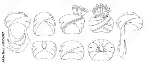 Eastern Turbans Outline Black And White Vector Icons Set, Isolated Various Linear Designs Of Eastern Headwear