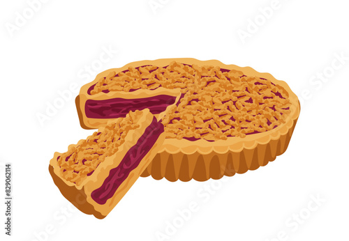 Round homemade pie and slice with cherry jam traditional fresh confectionery vector illustration