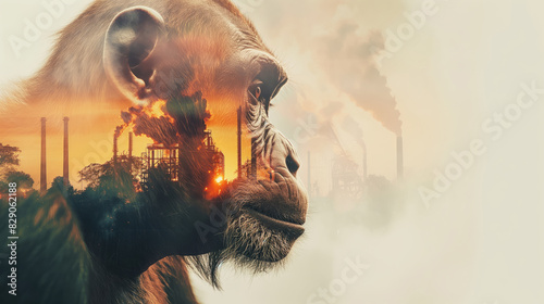 A double exposure of an ape's face and oil refinery in the background, with smoke stacks falling off as global warming takes place. Symbolizing the impact on wildlife from air pollution.