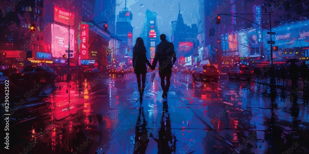 Obraz premium Vibrant Dusk Cityscape with Couples, generative ai