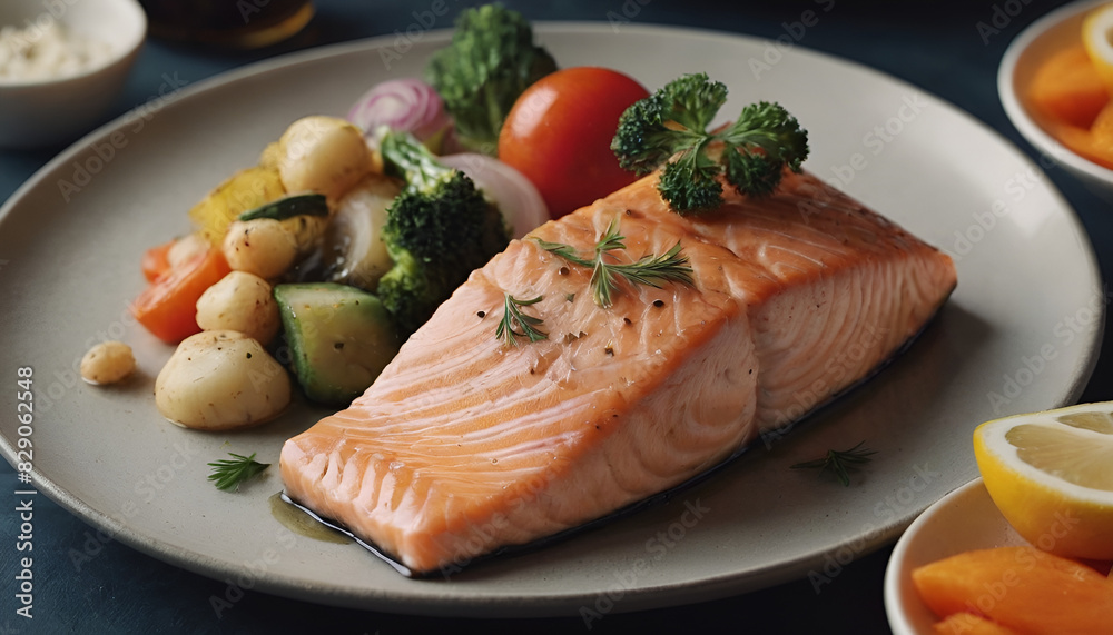 cooked salmon on a plate with vegetables cooked salmon on a plate with vegetables