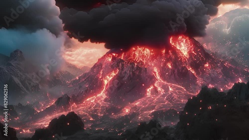 A mountain engulfed in flames spewing molten lava creating a nightmarish scene. photo