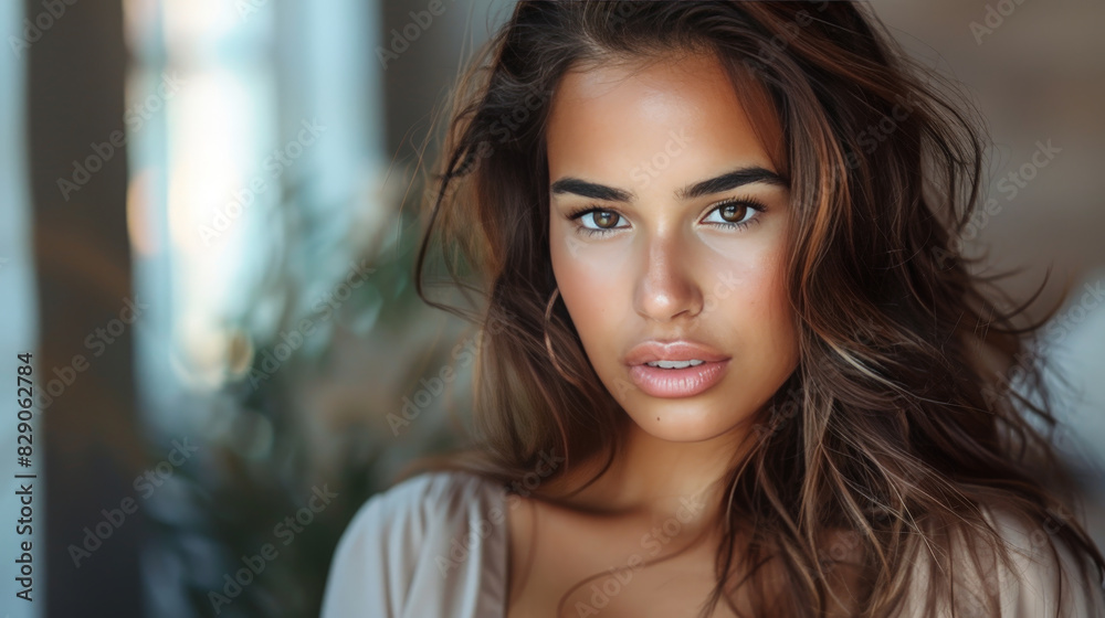 Digital influencer woman posing a portrait on social media, with soft and natural makeup Digital influencer woman posing a portrait on social media, with soft and natural makeup