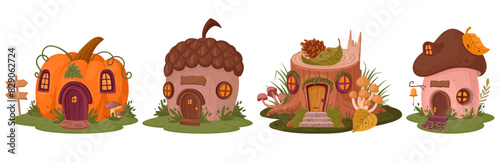 Cartoon fantasy houses. Fairytale cute mushroom, pumpkin and acorn cabins flat vector illustration set. Magic world houses collection